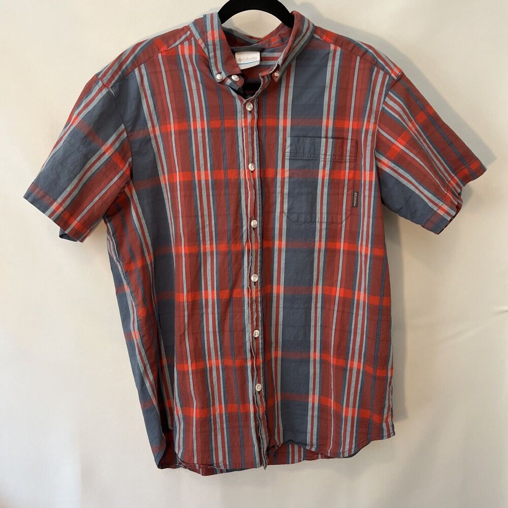Columbia Men's Large Button Up Shirt Plaid Red/Blue Regular Fit Short Sleeve